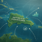 Mapa geopolítico de la República Dominicana en el Caribe, destacando rutas comerciales, alianzas diplomáticas y crecimiento económico.