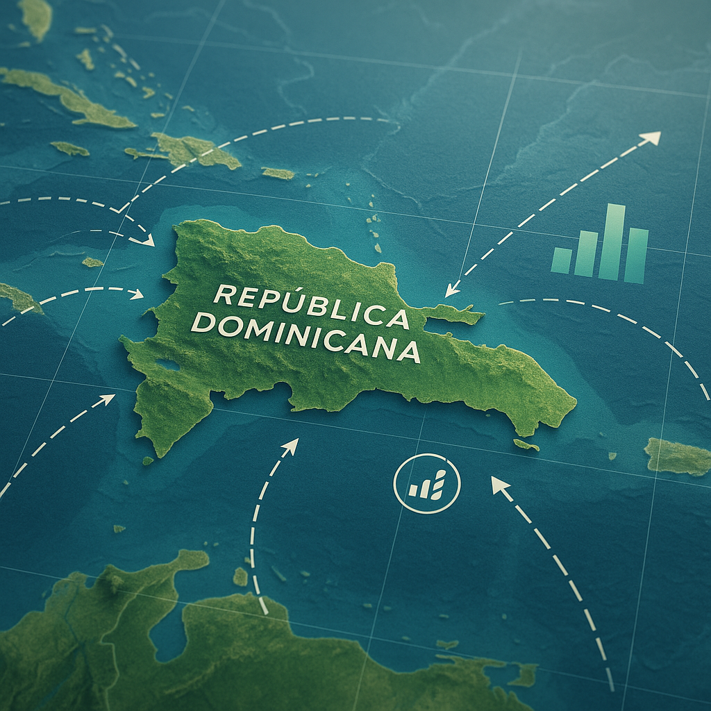 Mapa geopolítico de la República Dominicana en el Caribe, destacando rutas comerciales, alianzas diplomáticas y crecimiento económico.