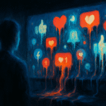 Ilustración digital surrealista de una figura humana difusa frente a una pantalla gigante que desborda iconos de redes sociales deformados y derretidos, mezclándose con el entorno. La escena, en tonos oscuros con destellos de neón, simboliza el colapso entre lo real y lo digital.