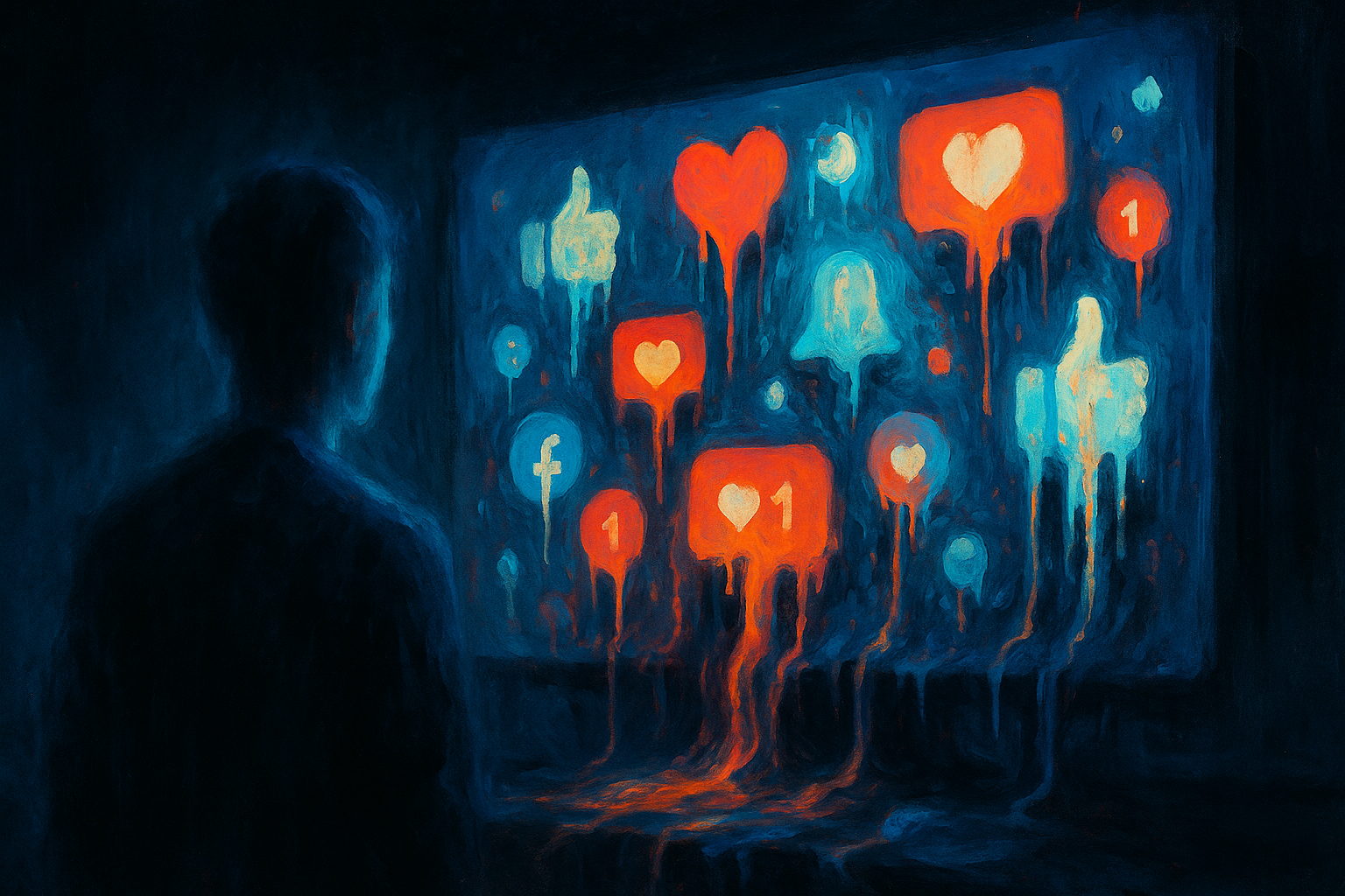 Ilustración digital surrealista de una figura humana difusa frente a una pantalla gigante que desborda iconos de redes sociales deformados y derretidos, mezclándose con el entorno. La escena, en tonos oscuros con destellos de neón, simboliza el colapso entre lo real y lo digital.